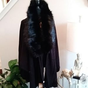 Black Cape/Poncho With Faux Fur Collar